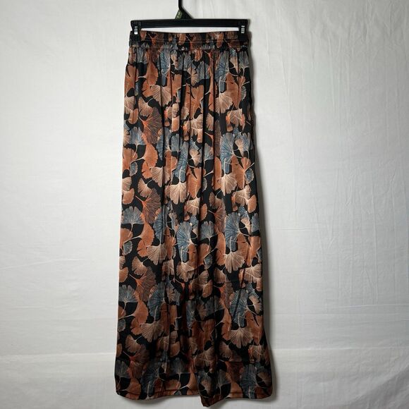 Kori Rust & Blue Leaf Wide Leg Silky Trouser Career Pull On Elastic Pants Size S - Picture 3 of 7